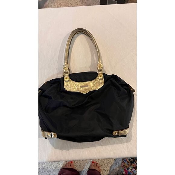 REBECCA MINKOFF NYLON BLACK LEATHER TRAVEL TOTE GOLD TRIM BOHO BAG - Picture 1 of 10